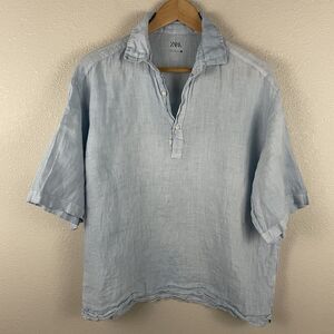Zara Men’s M Blue 100% Linen Polo Shirt Short Sleeve